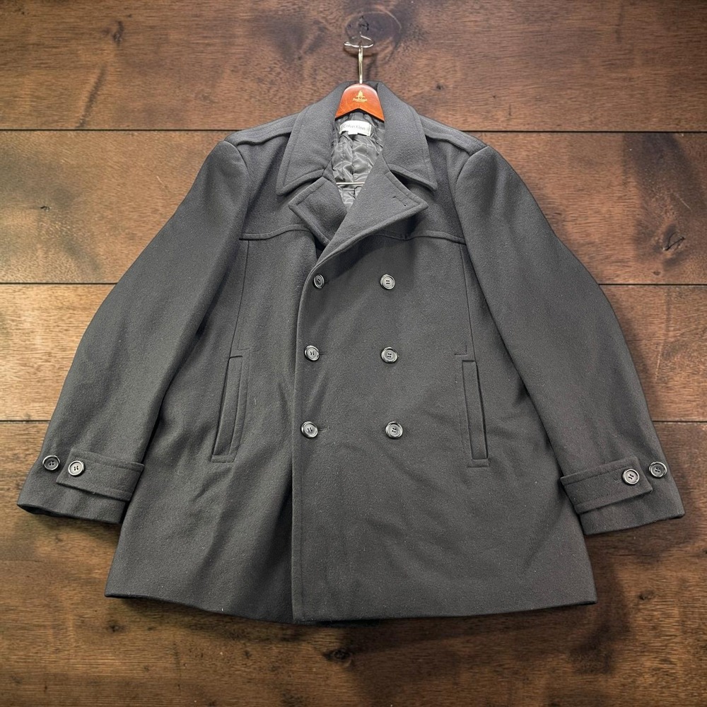 Calvin Klein Mens Wool Blend Peacoat Insulated Black Double Breasted Size L